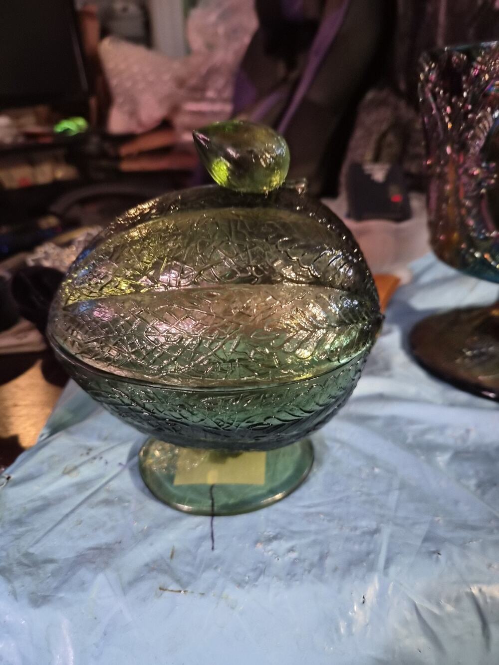 Vintage Hazel Atlas Glass Avocado Green Pebblestone Melon Avocado Green Dish...